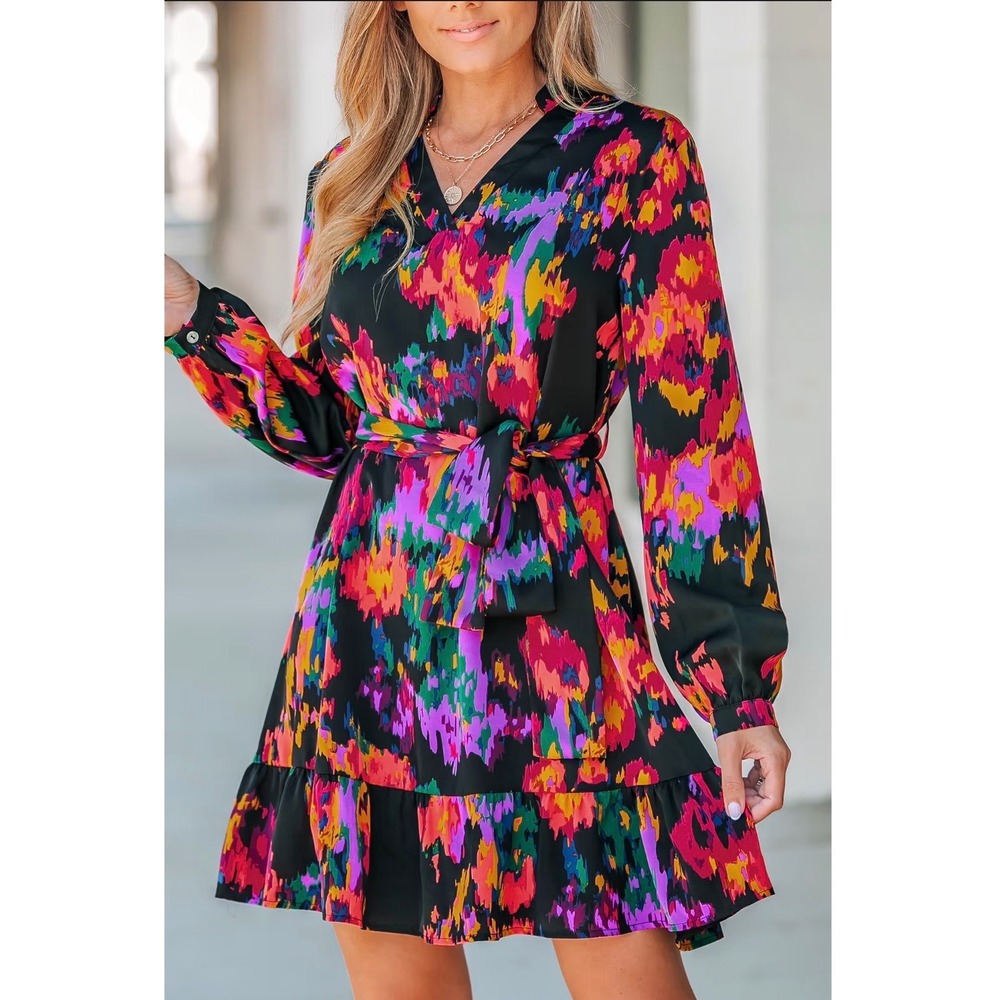 Cupshe Abstract Print Mini Dress Womens L Multicolor Belted NEW